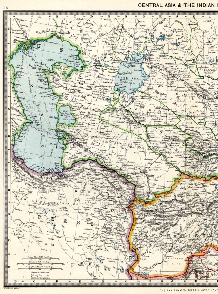 From Harmsworth Atlas and Gazetteer, London, 1909, Scale: 1:6,900,000Download the Hi Res Map and view the Gazetteer