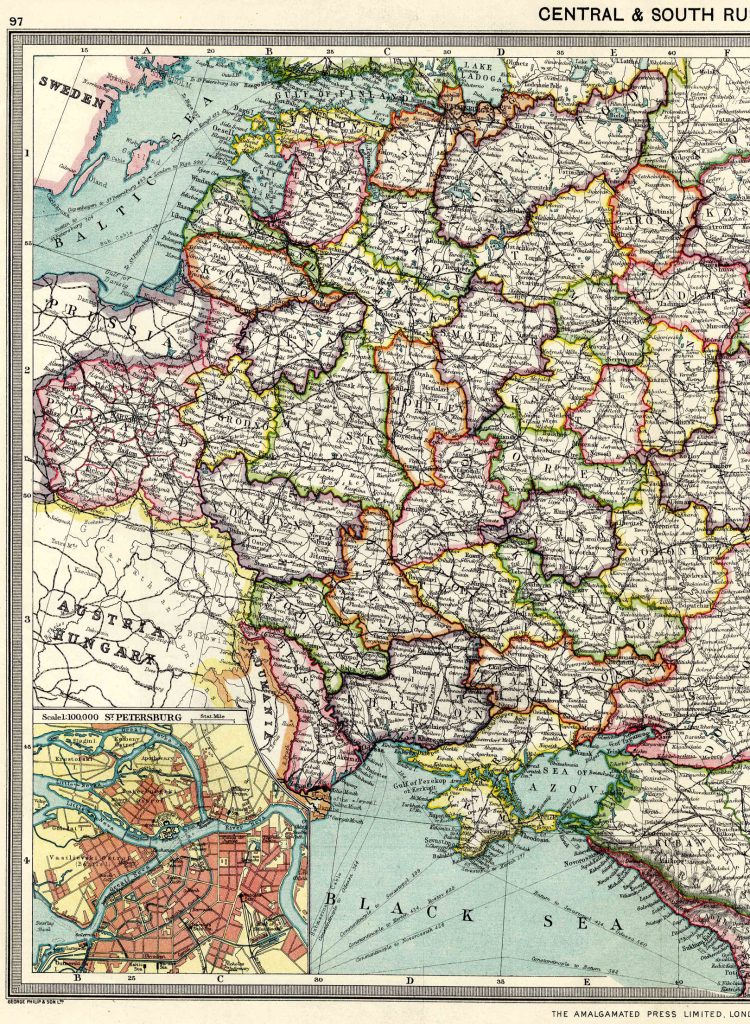 From Harmsworth Atlas and Gazetteer, London, 1909, Scale: 1:6,500,000Download the Hi Res Map and view the Gazetteer